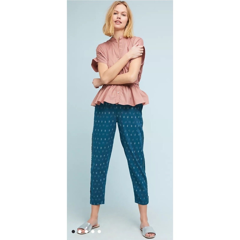 Anthropologie Teal Ikat Tapered Cropped Pants Metallic Stripe Dash Print Size M